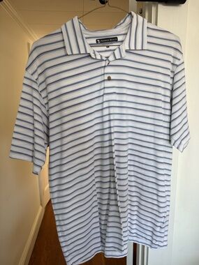 Pebble Beach White Polo with Light and Dark Blue Stripes